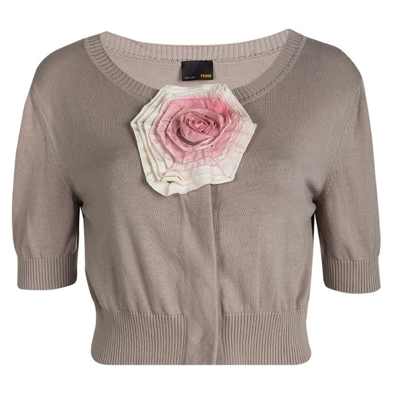 Pre Owned Fendi Beige Floral Applique Detail Short Sleeve Cropped Cardigan M