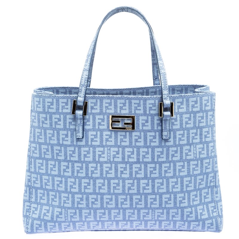 Pre Owned Fendi Baby Blue Zuchinno Coated Canvas Small Tote