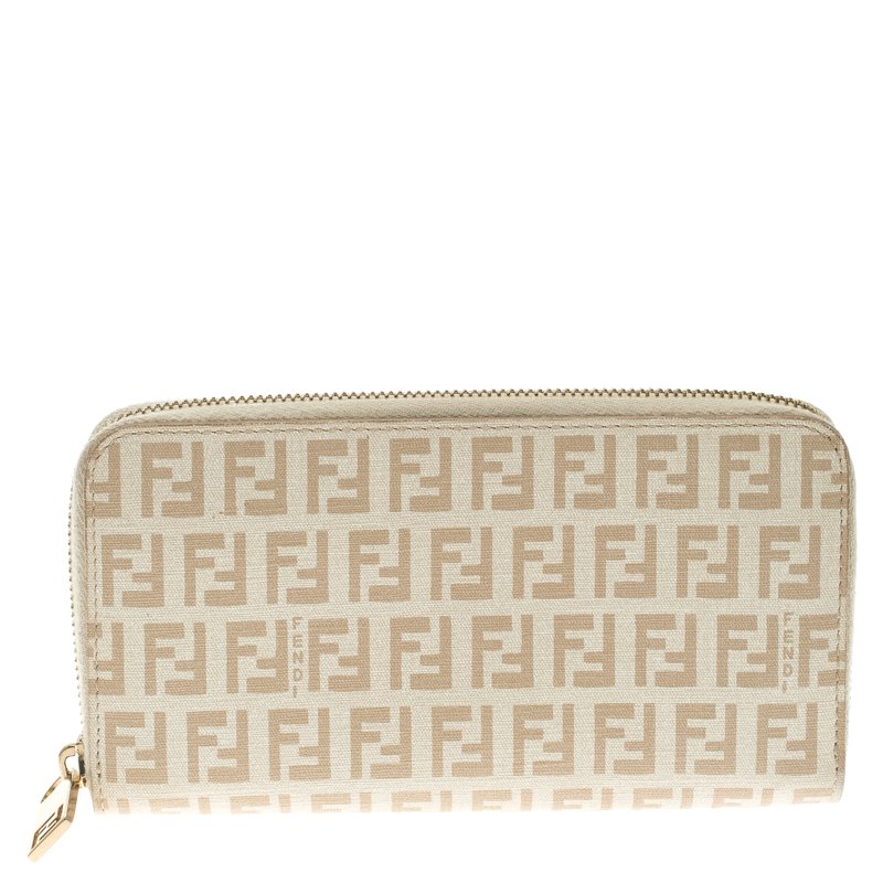 Pre Owned Fendi White/Beige Zucchino Spalmati Zip Around Wallet