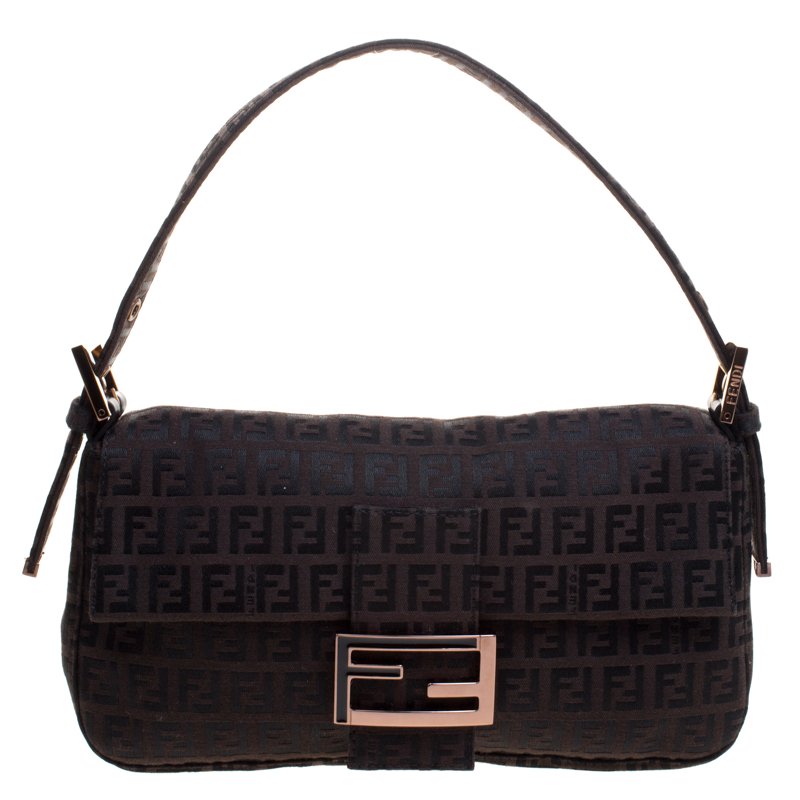 Fendi Dark Brown Zucchino Canvas Baguette Shoulder Bag
