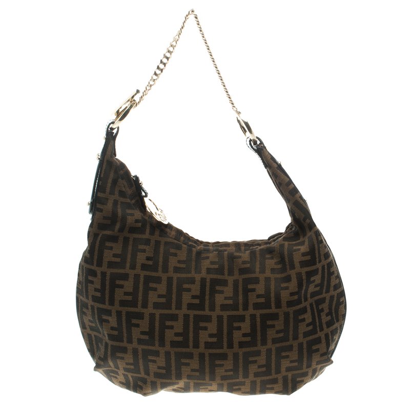Pre Owned Fendi Tobacco Zucca Canvas Large Chef Chain Hobo