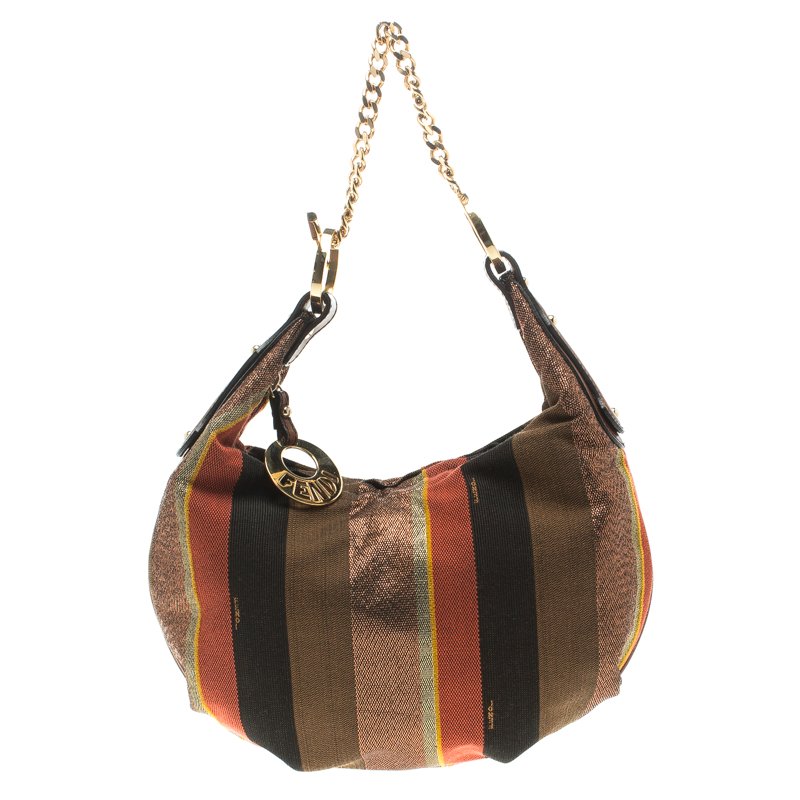 Pre Owned Fendi Multicolor Pequin Canvas Chef Chain Hobo