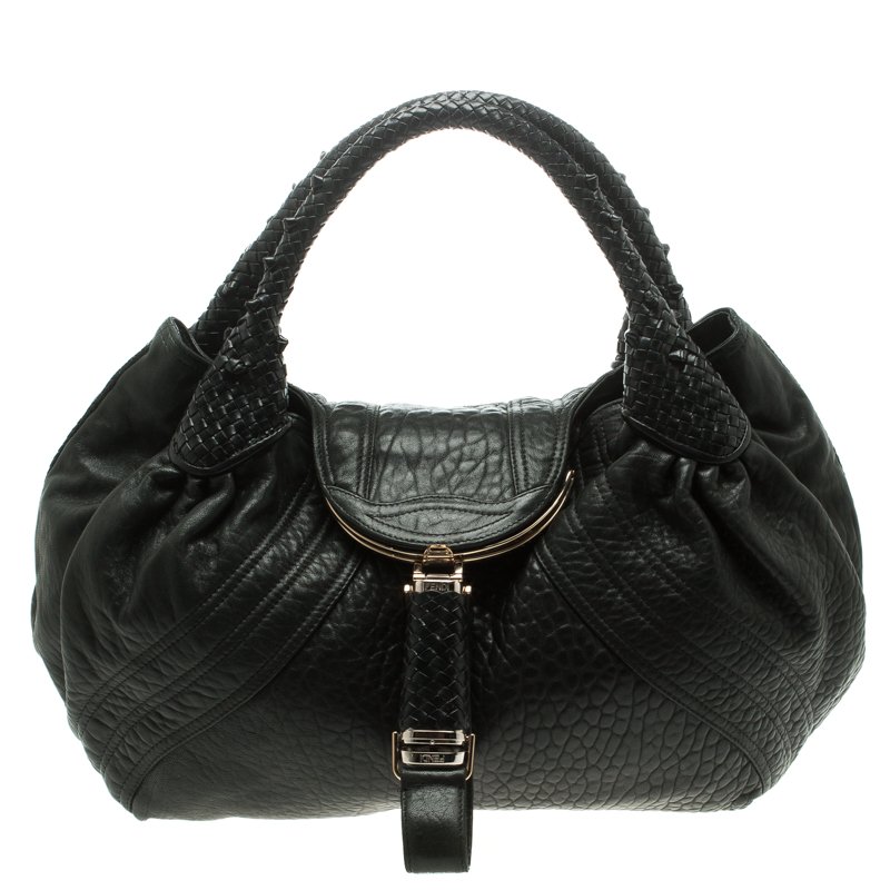 Pre Owned Fendi Black Textured Leather Large Spy Hobo