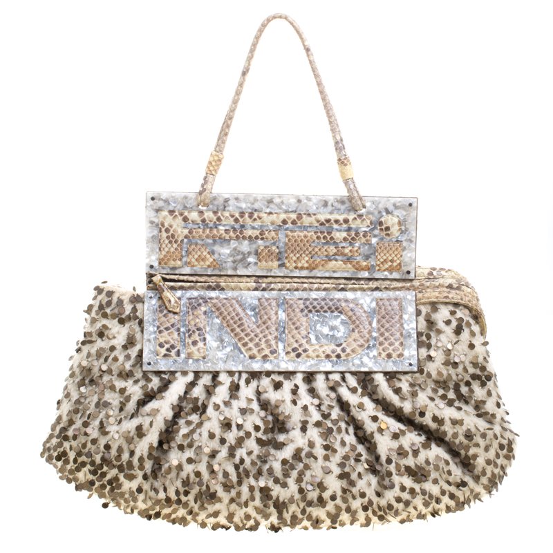 Pre Owned Fendi Cream/Beige Tweed/Sequin and Python To You Convertible Clutch Bag