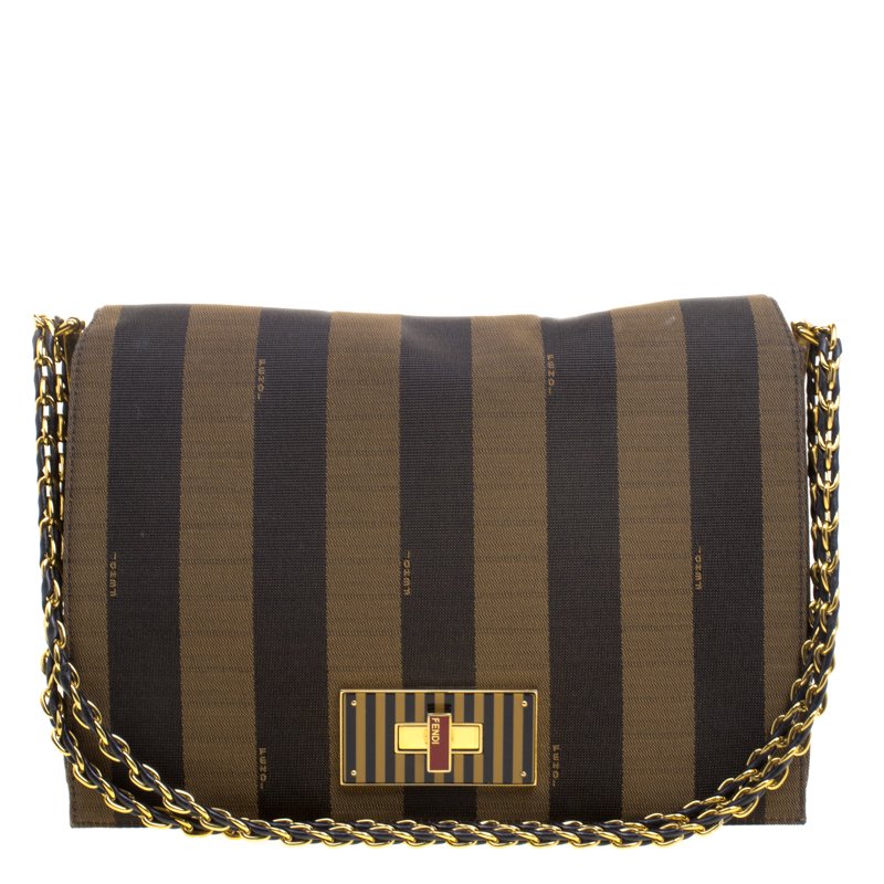 Pre Owned Fendi Brown Pequin Canvas Claudia Shoulder Bag