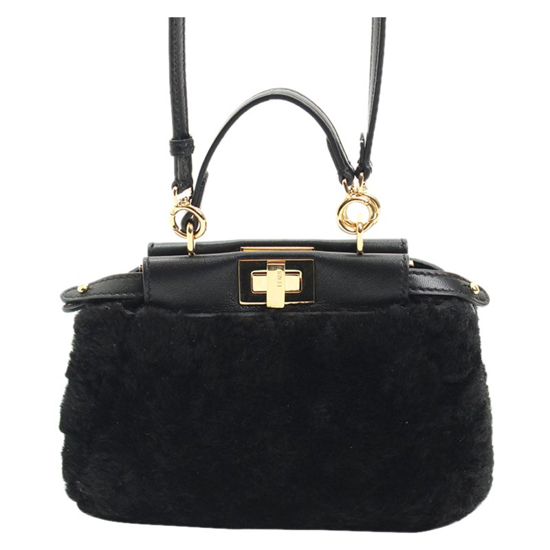 Pre Owned Fendi Black Shearling Fur Micro Peekaboo Satchel Bag