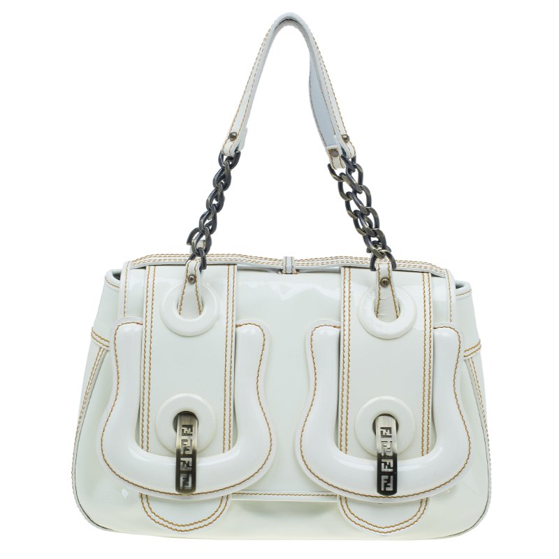 Fendi White Leather Patent Trim B Shoulder Bag