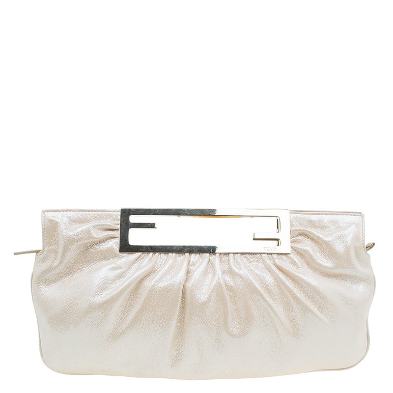 Pre Owned Fendi Metallic Beige Leather Cutout Handle Clutch