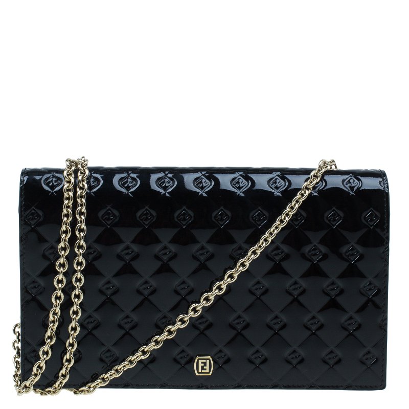 Pre Owned Fendi Black Patent Leather Fendilicious Wallet On Chain