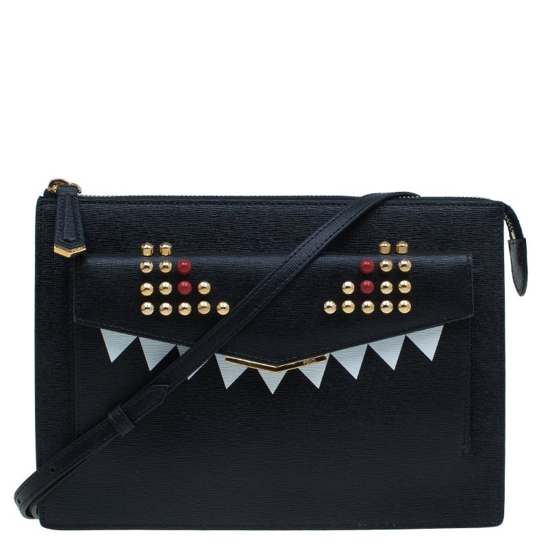 Pre Owned Fendi Black Textured Leather 2Jours Bugs Crossbody Bag