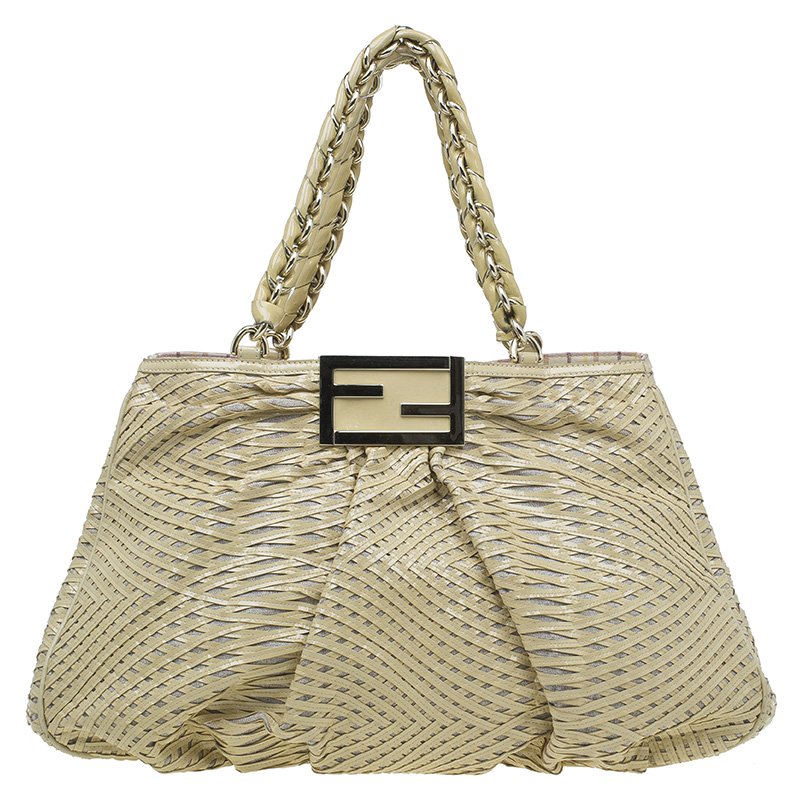 Pre Owned Fendi Cream Woven Patent Leather and Canvas Large Mia Shoulder Bag