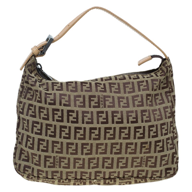Pre Owned Fendi Beige Zucchino Canvas Small Oyster Hobo