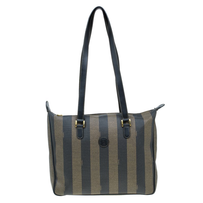 Pre Owned Fendi Tobacco Pequin Striped Coated Canvas Vinatge Tote
