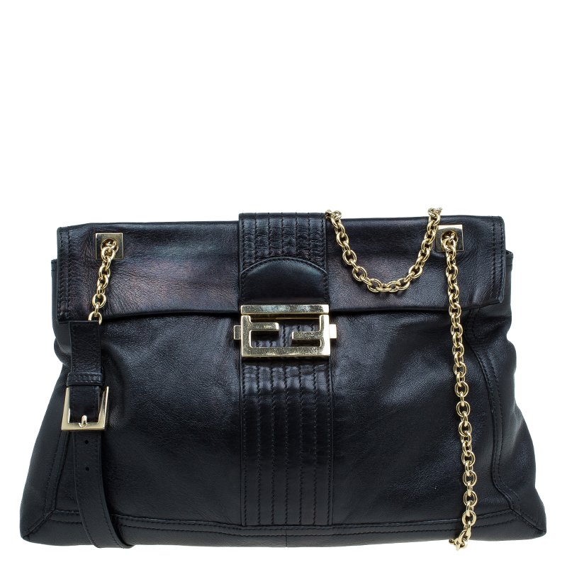Fendi Black Metallic Leather Maxi Baguette Flap Shoulder Bag