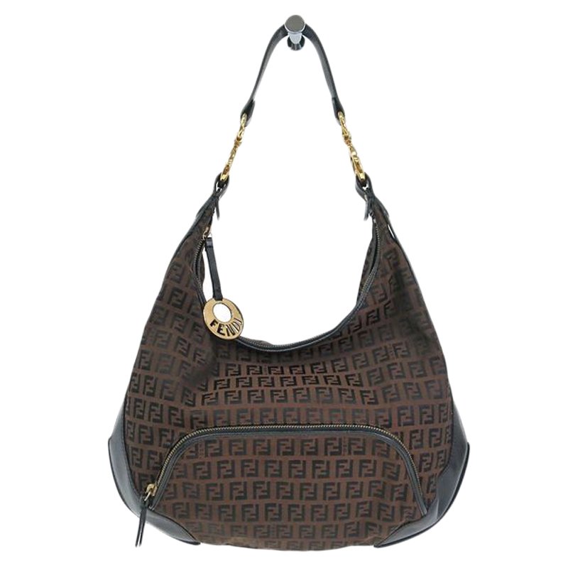 Pre Owned Fendi Tobacco Zucchino Canvas/Leather Front Pocket Hobo
