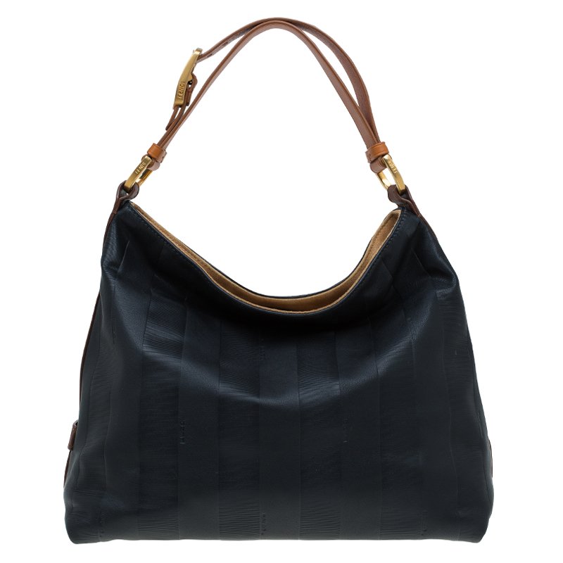 Pre Owned Fendi Black Leather Pequin Tonal Stripe Hobo 