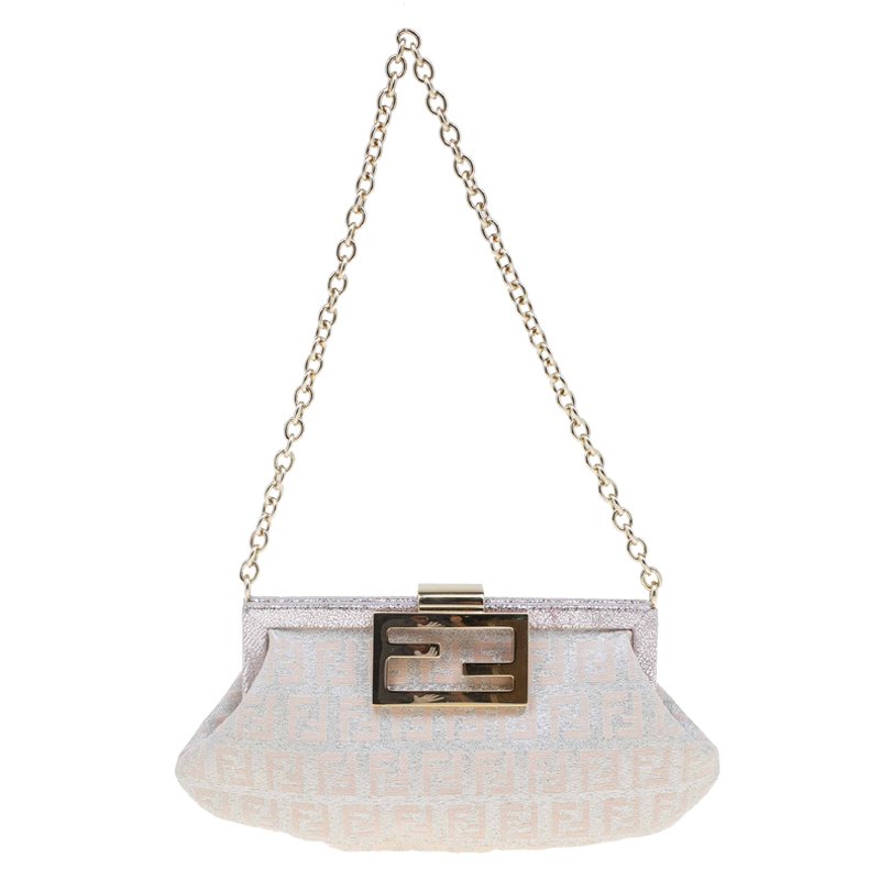 Pre Owned Fendi Metallic Beige/Silver Zucchino Canvas Frame Chain Clutch