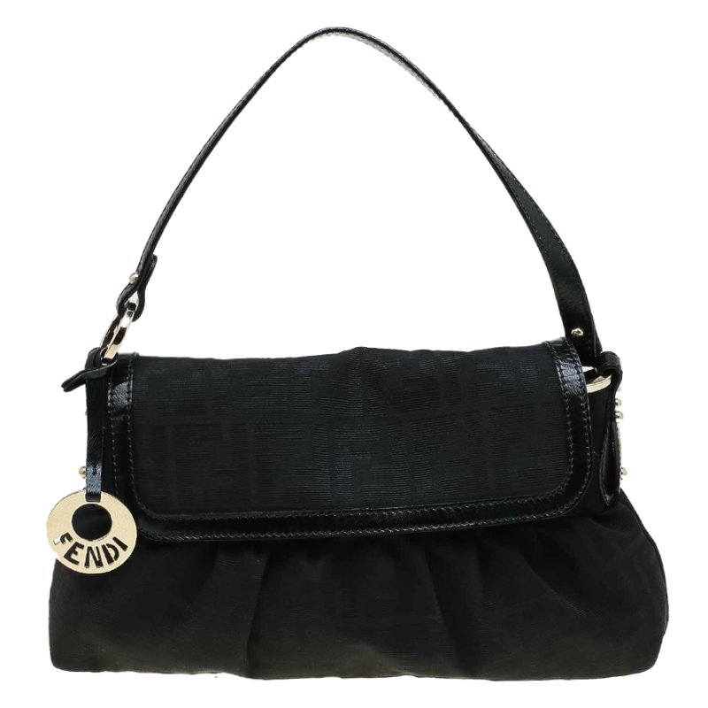 Pre Owned Fendi Black Zucca Canvas Chef Shoulder Bag