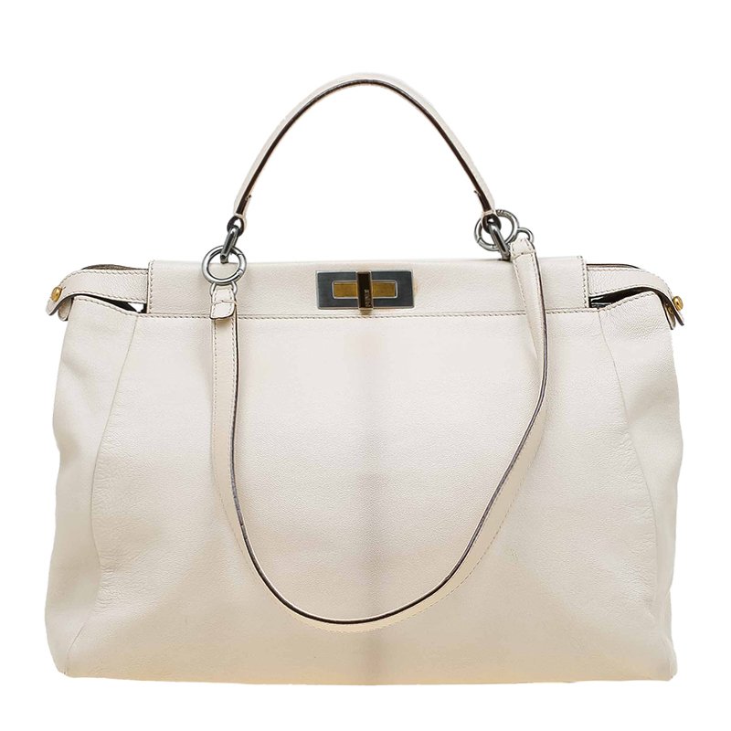 Pre Owned Fendi Beige LeatherLarge Peekaboo Top Handle Bag