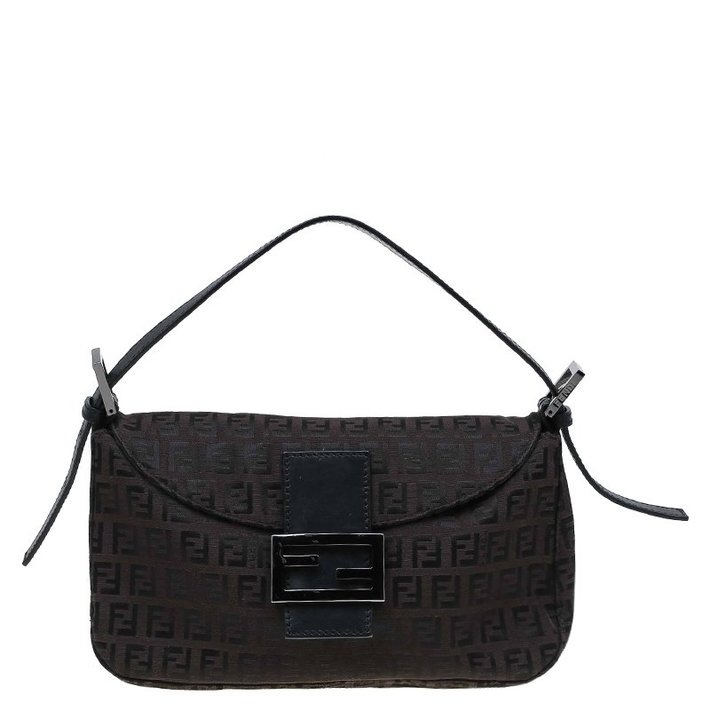 Pre Owned Fendi Dark Brown Zucchino Canvas Shoulder Bag