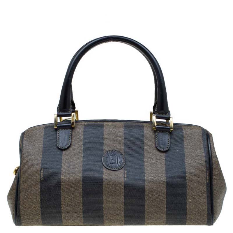 Pre Owned Fendi Tobacco Pequin Striped Coated Canvas Boston Bag
