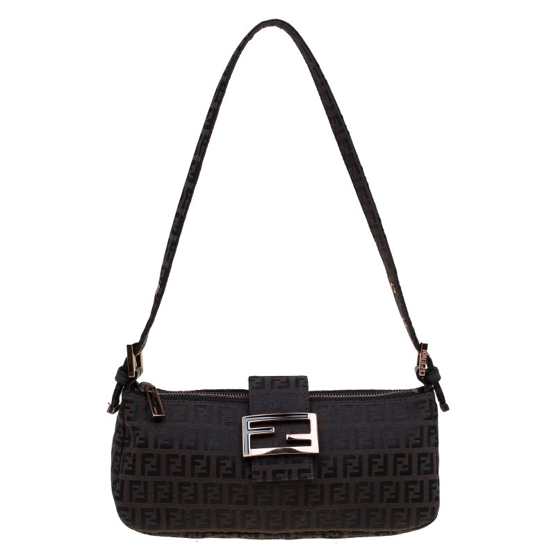 Pre Owned Fendi Choco Brown Zucchino Canvas Shoulder Bag