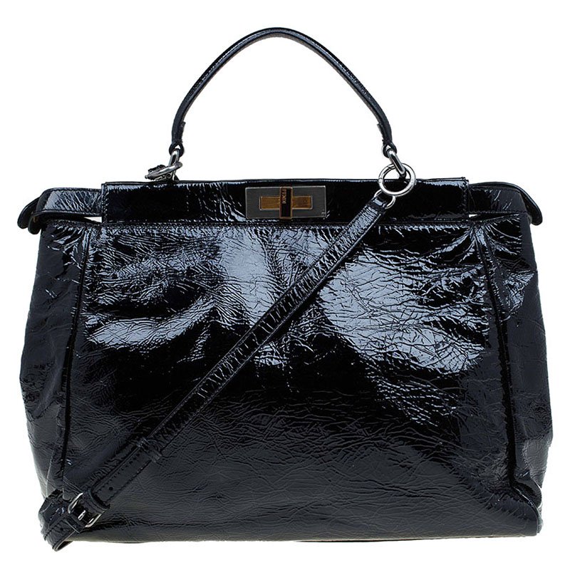 Fendi Black Patent Leather Peekaboo Tote Bag