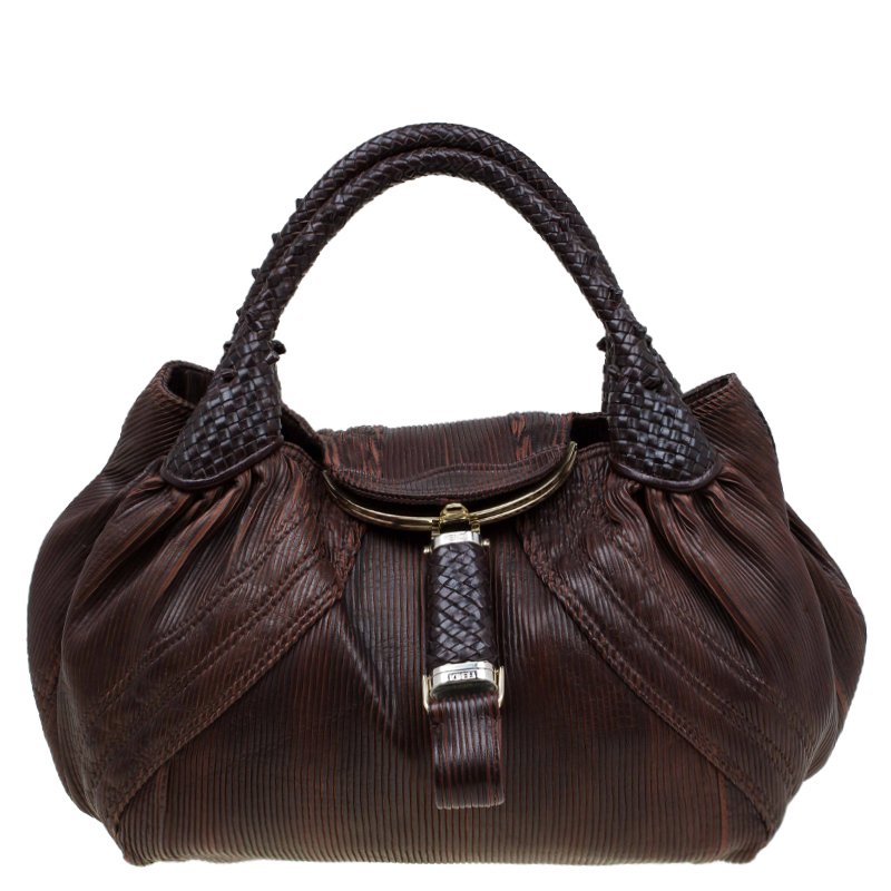 Pre Owned Fendi Brown Striped Leather Spy Bag