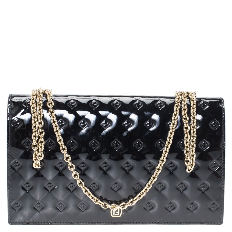 Pre Owned Fendi Black Patent Leather Fendilicious Wallet On Chain