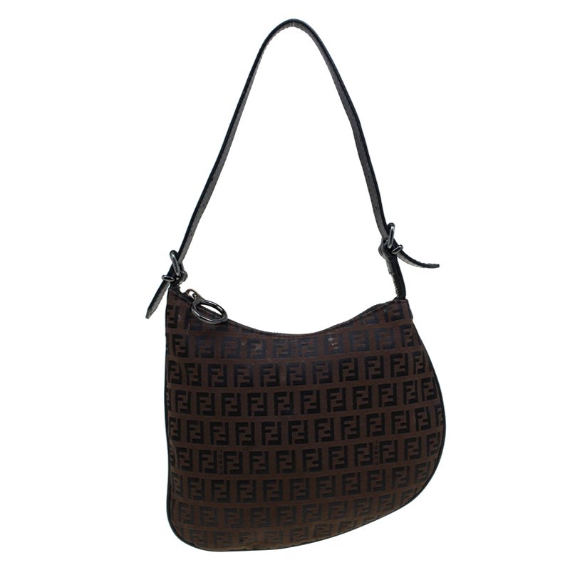 Pre Owned Fendi Choco Brown Zucchino Canvas Small Oyster Hobo