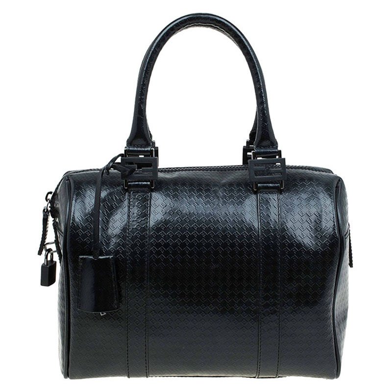 Fendi Black Zucca Embossed Patent Leather Forever Bauletto Boston Bag ...