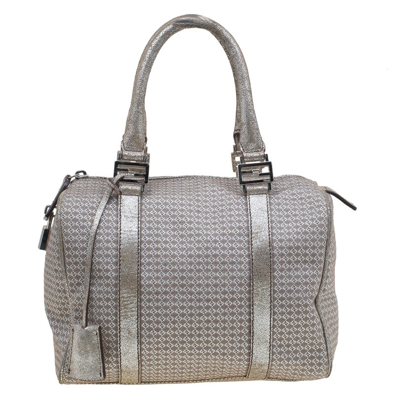 Fendi Metallic/Brown Canvas Forever Bauletto Boston Bag