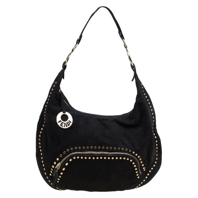 Pre Owned Fendi Black Leather Front Pocket Studded Hobo