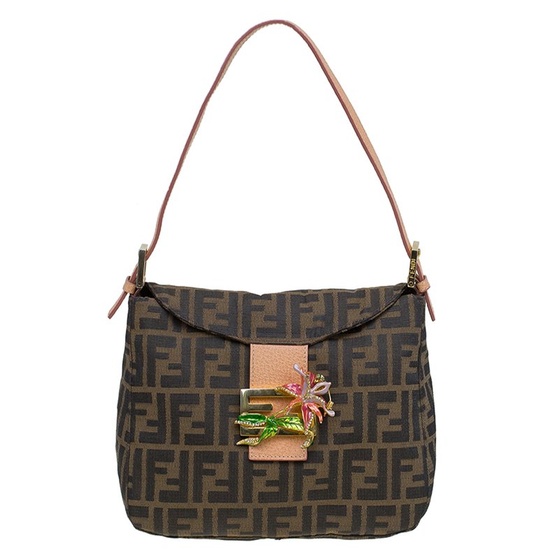 Fendi Tobacco Zucca Canvas Crystal Embellished Baguette Shoulder Bag
