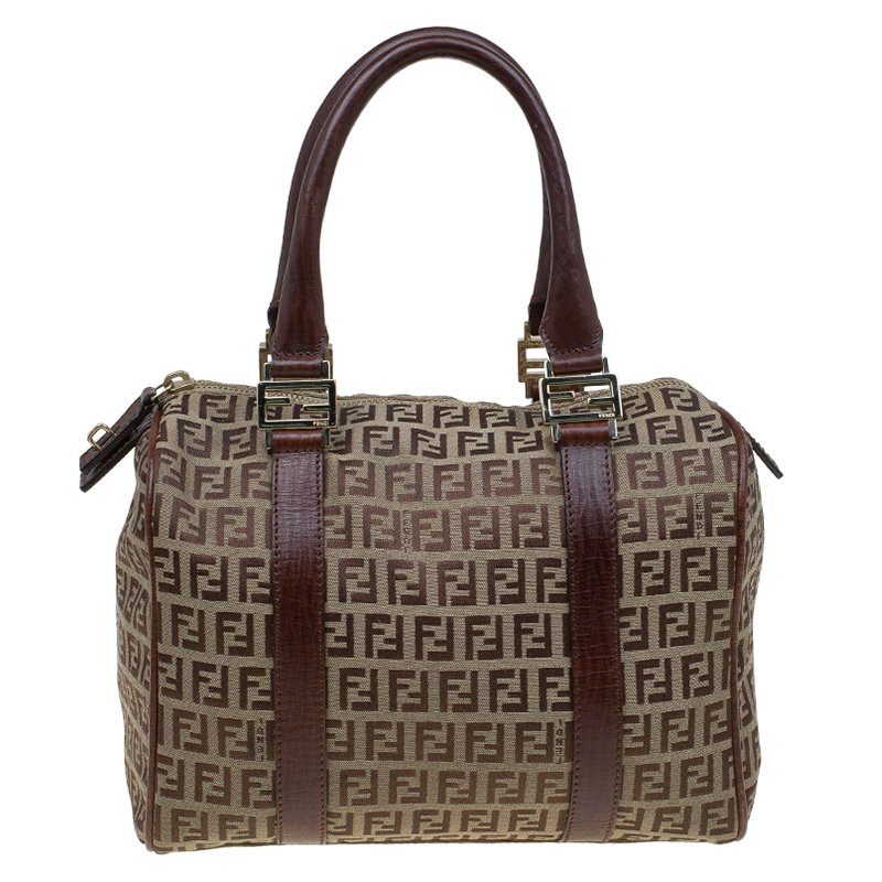 Pre Owned Fendi Brown Zucchino Canvas Bauletto Boston Bag