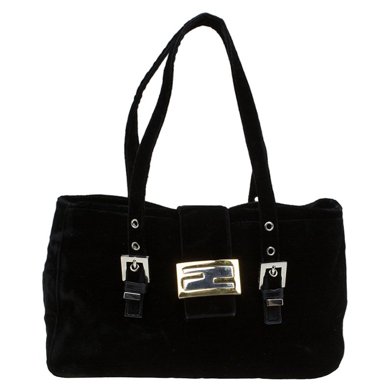 Pre Owned Fendi Black Velvet Long Baguette Shoulder Bag