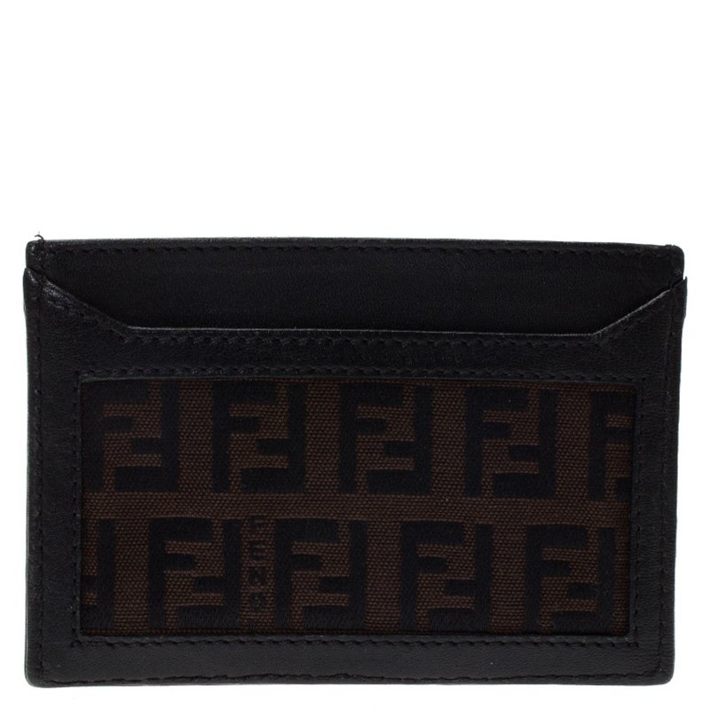 Pre Owned Fendi Brown Zucchino Canvas and Leather Card Holder