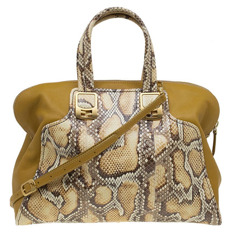 Pre Owned Fendi Yellow Honey Python Leather Large Chameleon Satchel