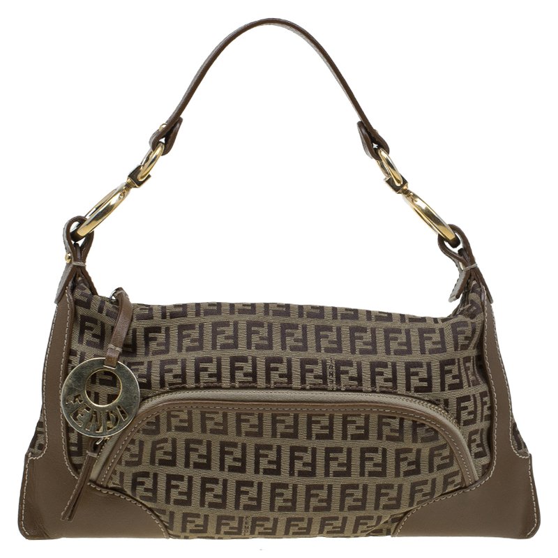 Pre Owned Fendi Tobacco Zucchino Canvas and Leather Front Pocket Shoulder Bag