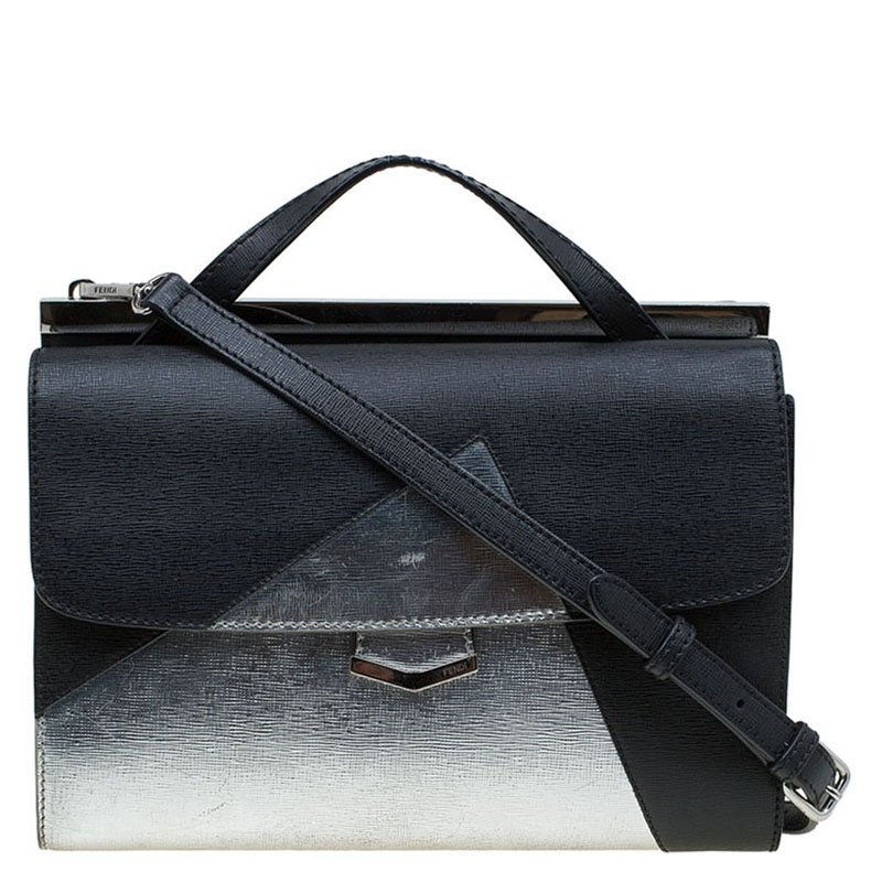  Fendi Black/Silver Textured Leather Small Color Block Demi Jour Shoulder Bag