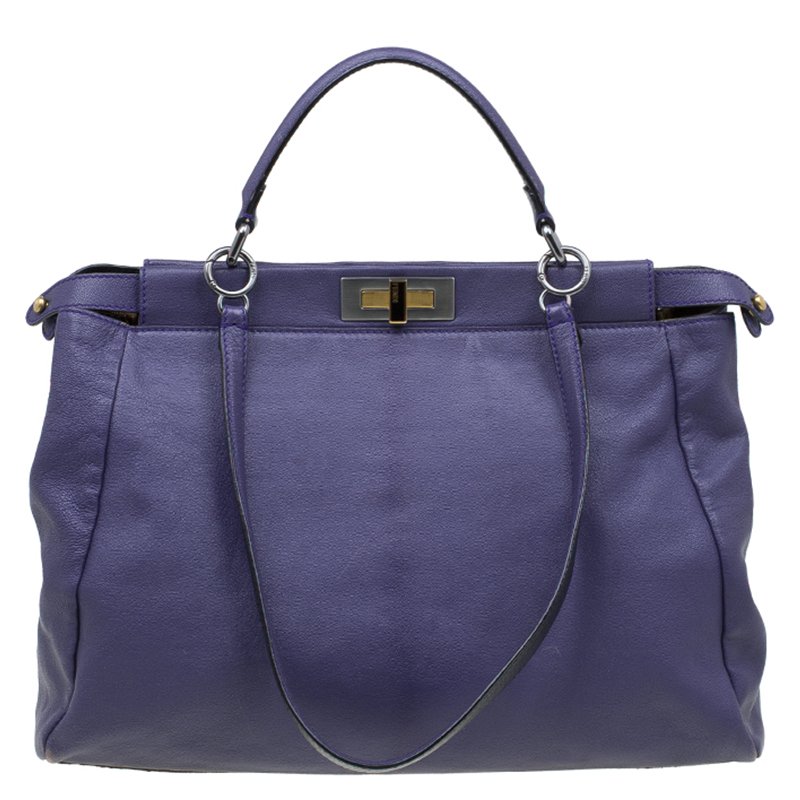 Pre Owned Fendi Purple Leather Large Peekaboo Top Handle Bag