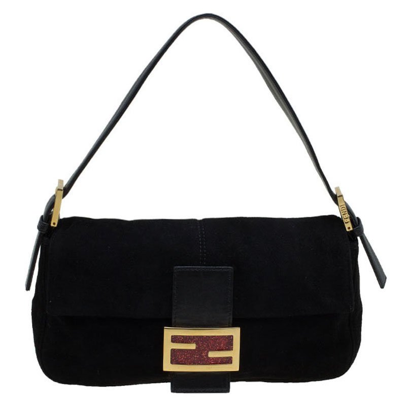 Fendi Black Suede Baguette Shoulder Bag 