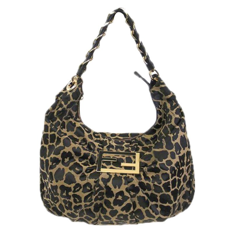Pre Owned Fendi Bi Color Leopard Print Canvas Mia Hobo