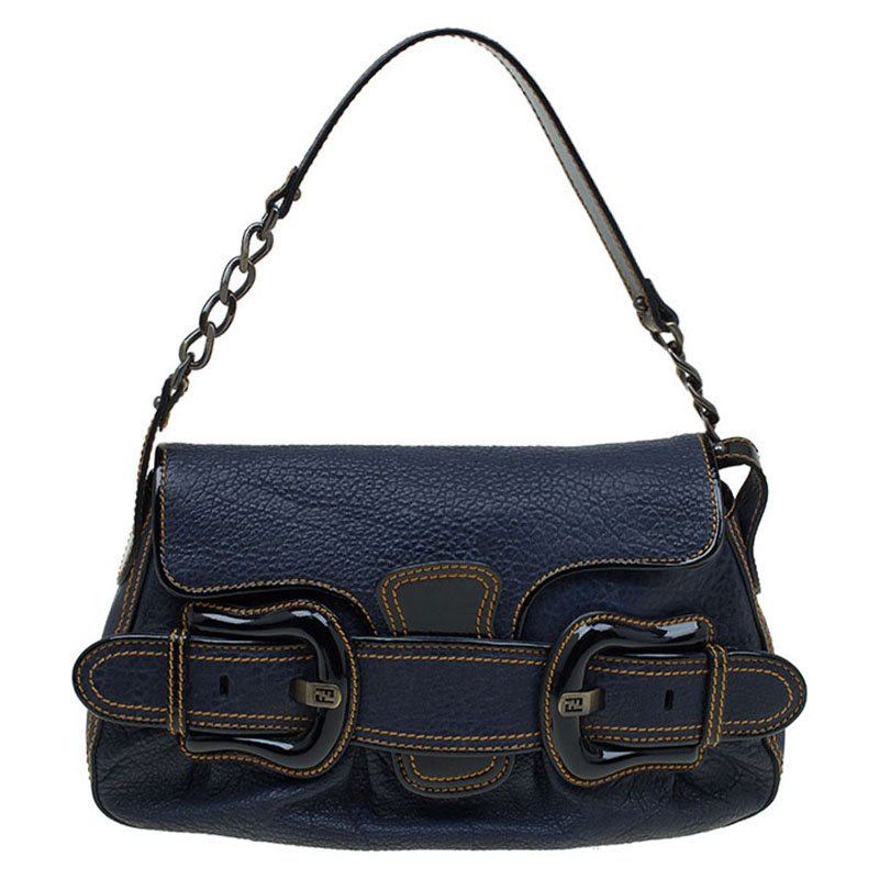 Pre Owned Fendi Navy Blue Pebbled Leather B Shoulder Bag