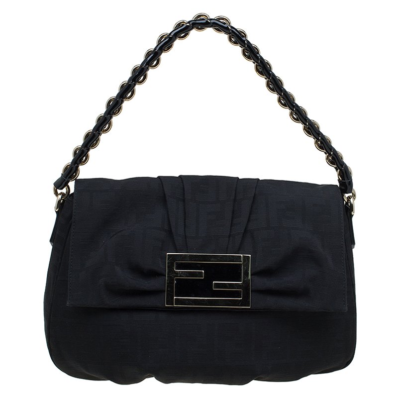 Pre Owned Fendi Black Zucca Fabric Mia Shoulder Bag