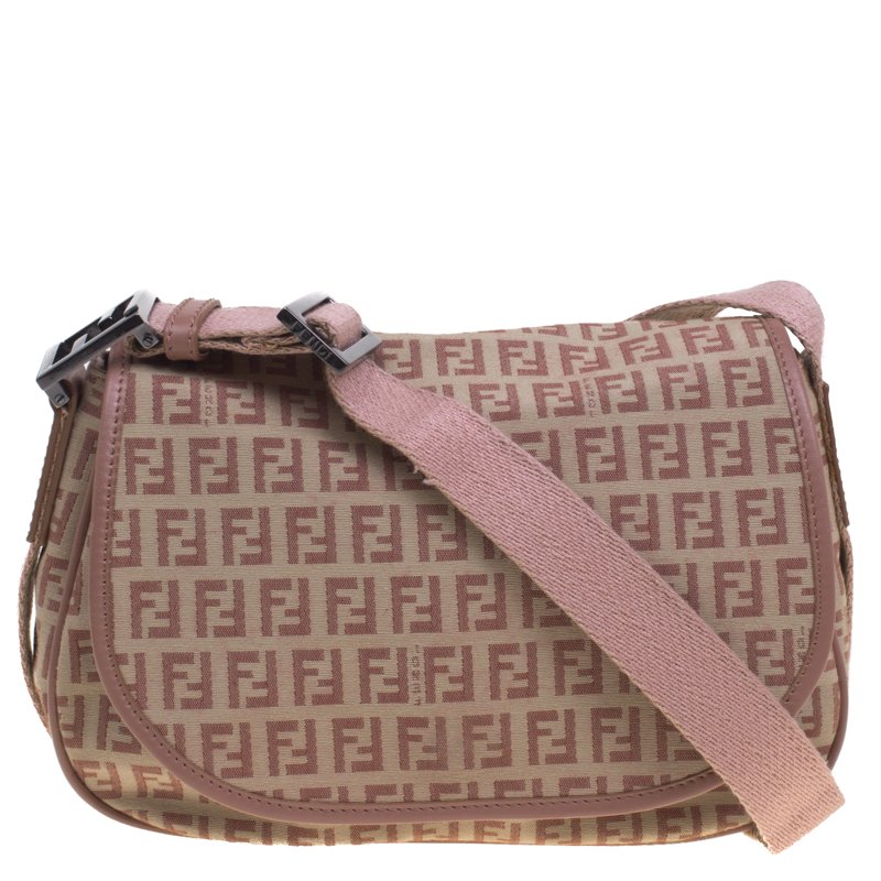 Pre Owned Fendi Beige/Pink Zucchino Canvas Crossbody Bag