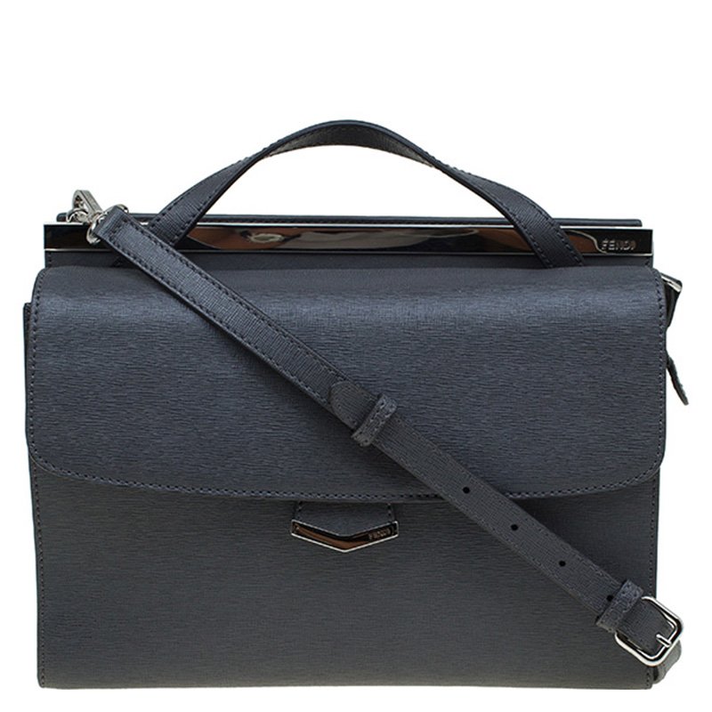 Pre Owned Fendi Dark Grey Textured Leather Small Demi Jour Shoulder Bag