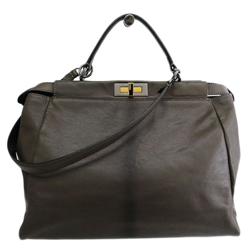 Pre Owned Fendi Dark Grey Leather Large Peekaboo Tote