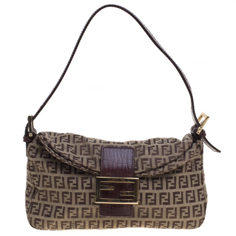 Pre Owned Fendi Brown Zucchino Canvas Shoulder Bag