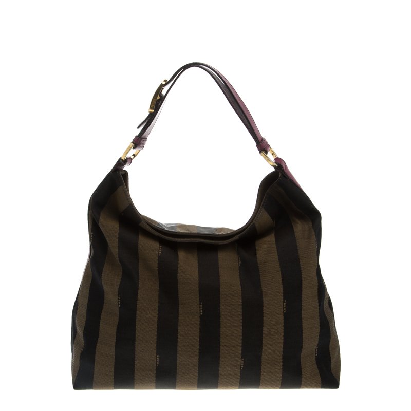 Pre Owned Fendi Brown/Purple Pequin Canvas and Leather Large Hobo
